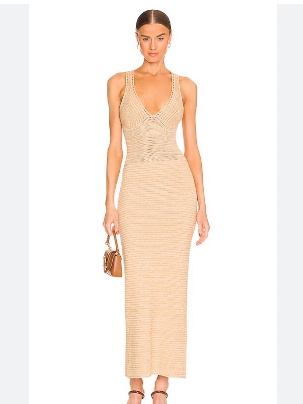 Torn by Ronny Kobo Madi Crochet Knit Open Back Maxi Dress Beige – M